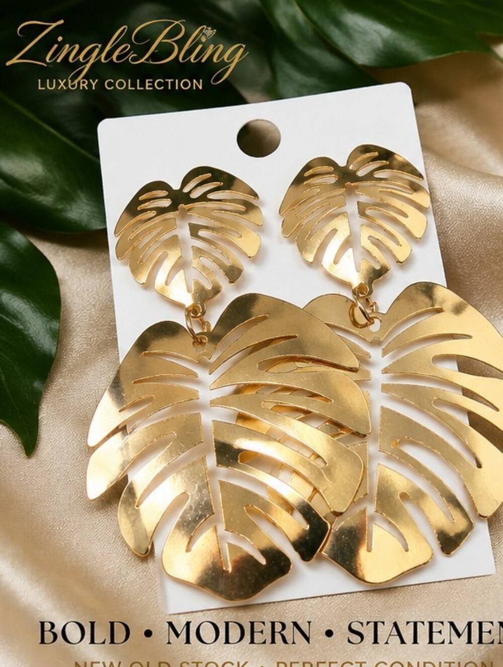 Gold Monstera Leaf Statement Earrings NOS Oversized